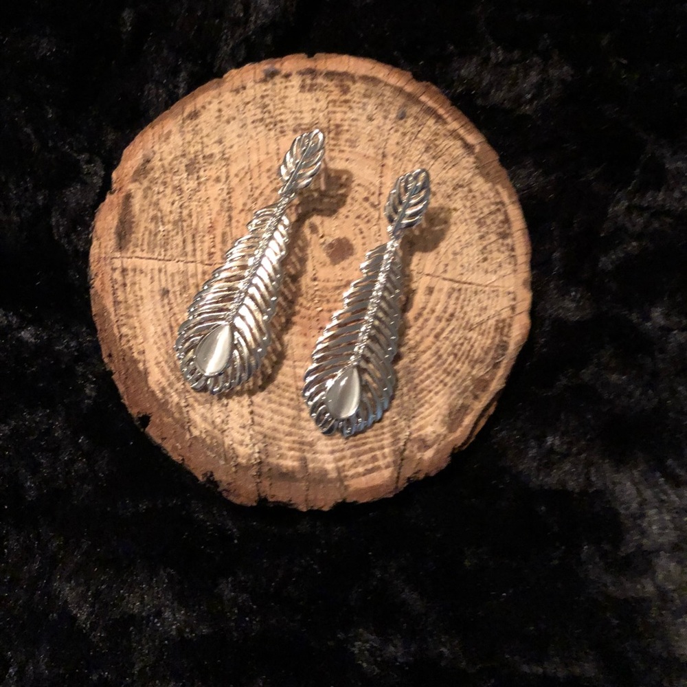 NEW• Sugared + Bronzed Silver Feather Earrings With Opal Stone & Crystals